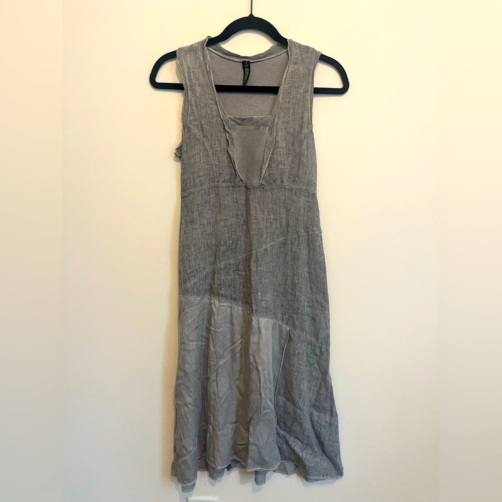 Inizio Italian Linen Patchwork Midi Dress in Washed Gray, Size Small